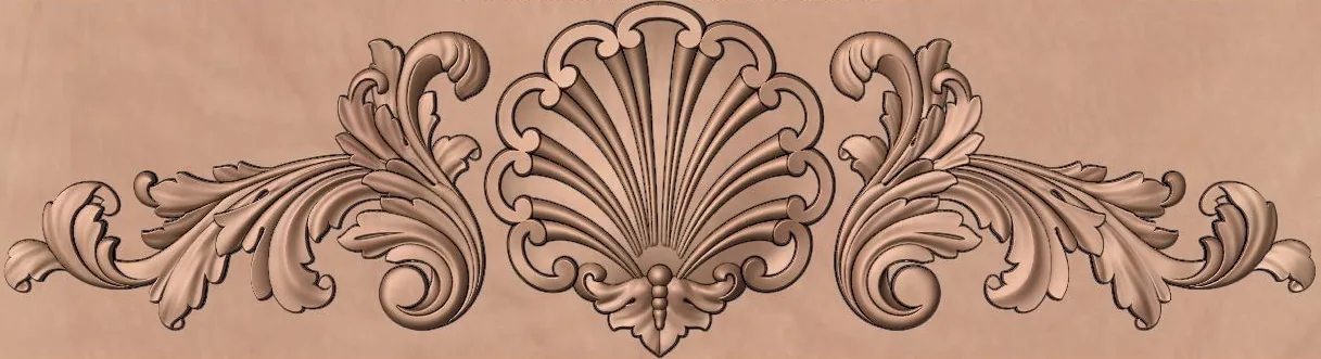 3D relief model of a symmetrical acanthus leaf scroll with a fluted shell centerpiece, rendered in wood