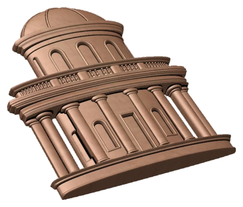 3D relief model of a classical domed rotunda with columns, arched windows and a balustrade, rendered in wood