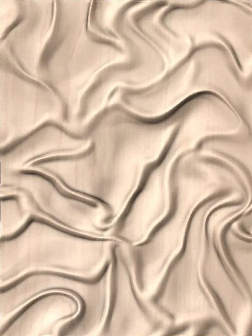 3D relief wall panel sculpted as softly draped, flowing fabric folds, rendered in pale wood