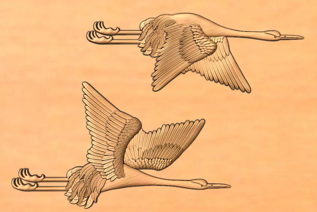3D relief panel of two cranes in flight with finely detailed feathered wings, rendered in light wood